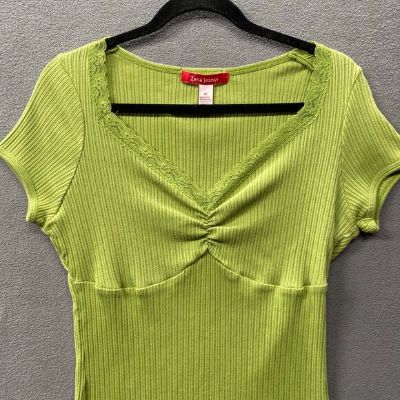 Vtg Y2K 00s Babydoll Jersey Knit Ruched Lace V Neck Lettuce Hem Top 1X LimeGreen - Picture 3 of 9